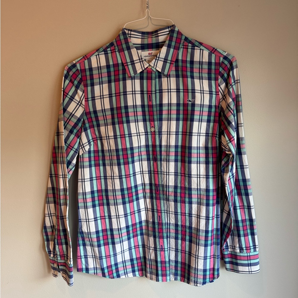 Women's Vineyard Vines Festive Plaid Button Front Shirt Top Blouse Size 8